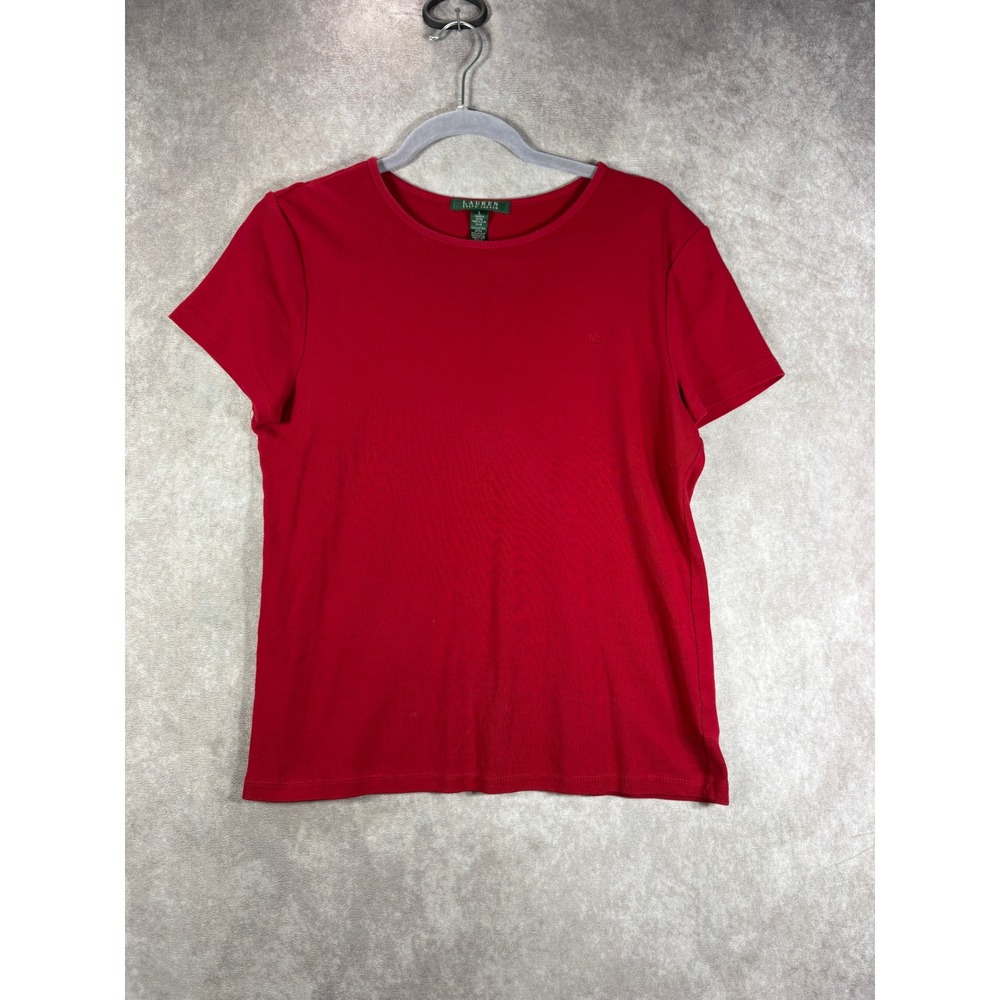 Lauren Ralph Lauren T-Shirt Womens L Red Crew Neck Short Sleeve Embroidered Logo